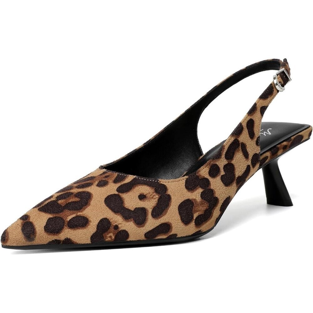 Mostrin Kitten Heels Leopard Faux Leather Low Slingback Heels with Buckle